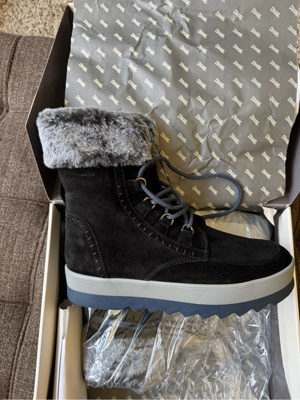 Cougar Black Suede Winter Boot with Gray Faux Fur Cuff